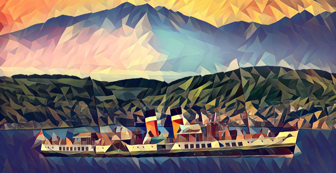 Full width illustration of the SS Waverley passing by Dunoon, Dunoon Distillery